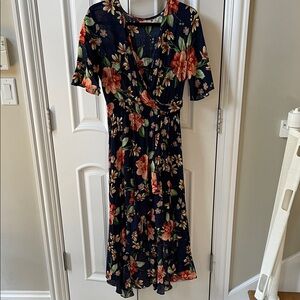 Elegant Holiday Christmas party Floral High Low Dress in Navy and Orange